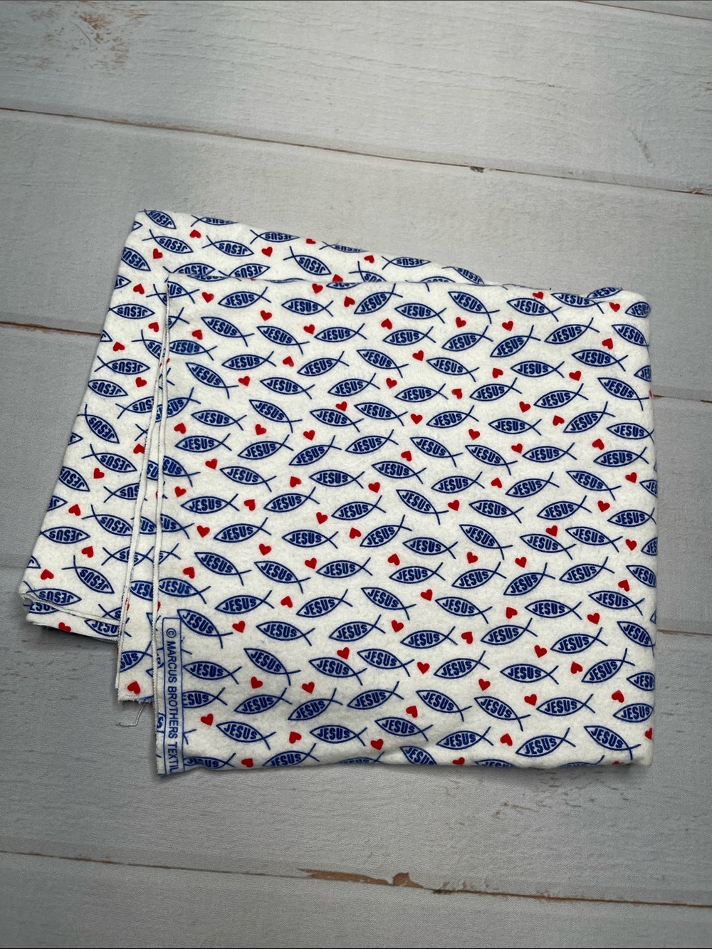 1 Yard Jesus Fish Flannel Fabric 43 x 35 Sewing Yardage DIY Soft White Blue Red